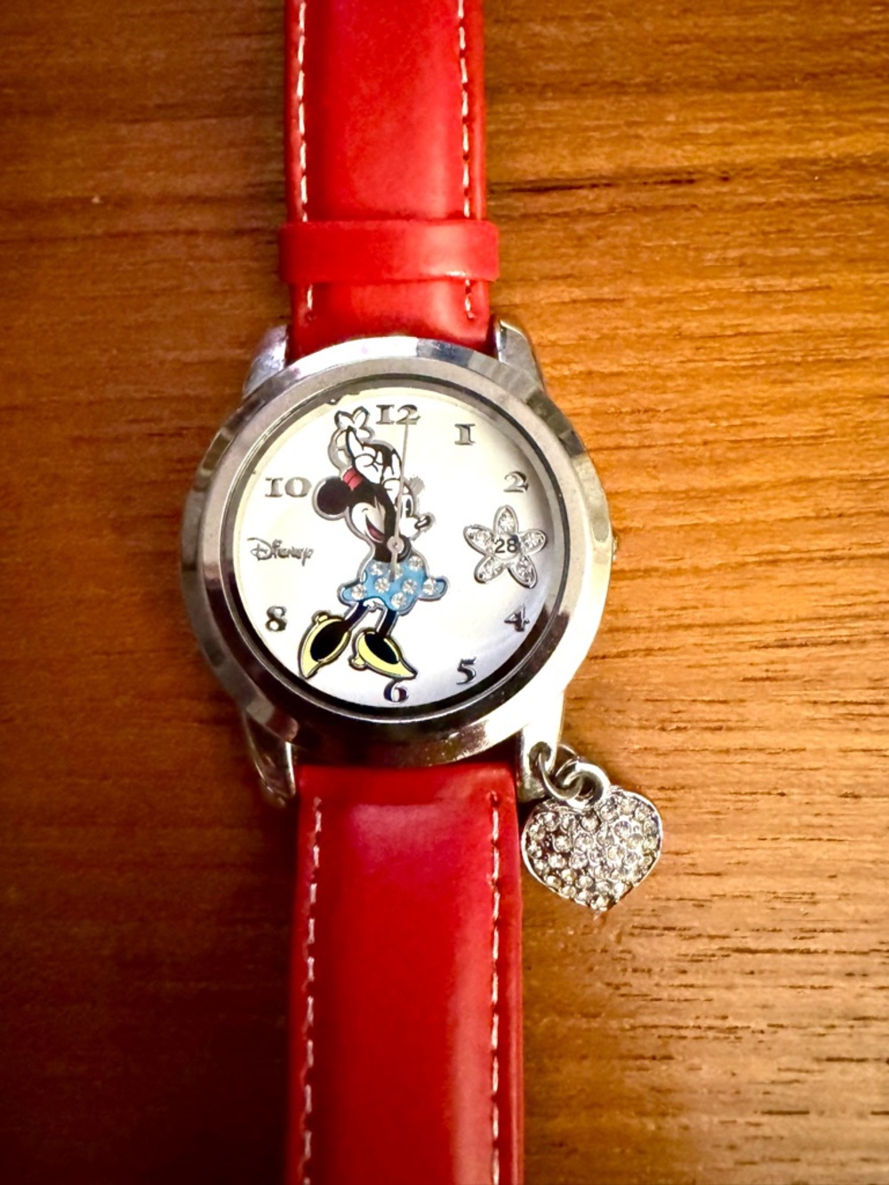 Vintage Disney Minnie Mouse Accutime Watch, Red Leather Band, Pave Heart Charm